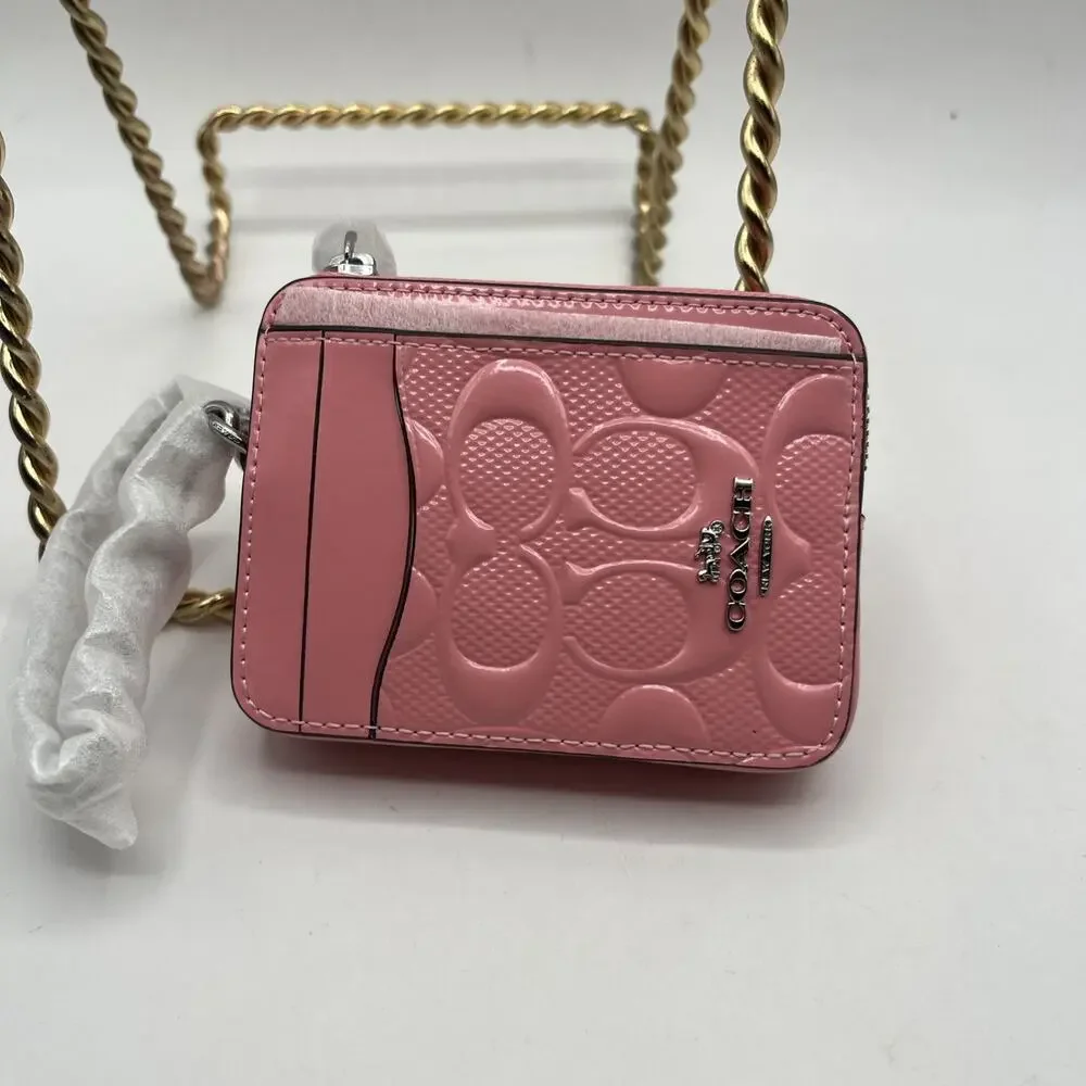Coach Zip Card Case Wristlet In Signature Patent Leather CDQ15 Bright Pink NWT